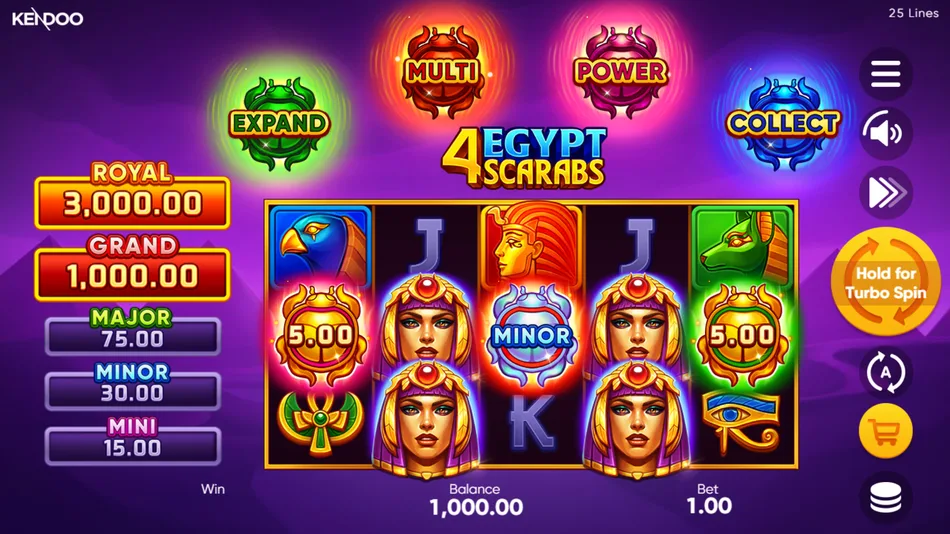 4 Egypt Scarabs base game grid with Cleopatra Wild symbol